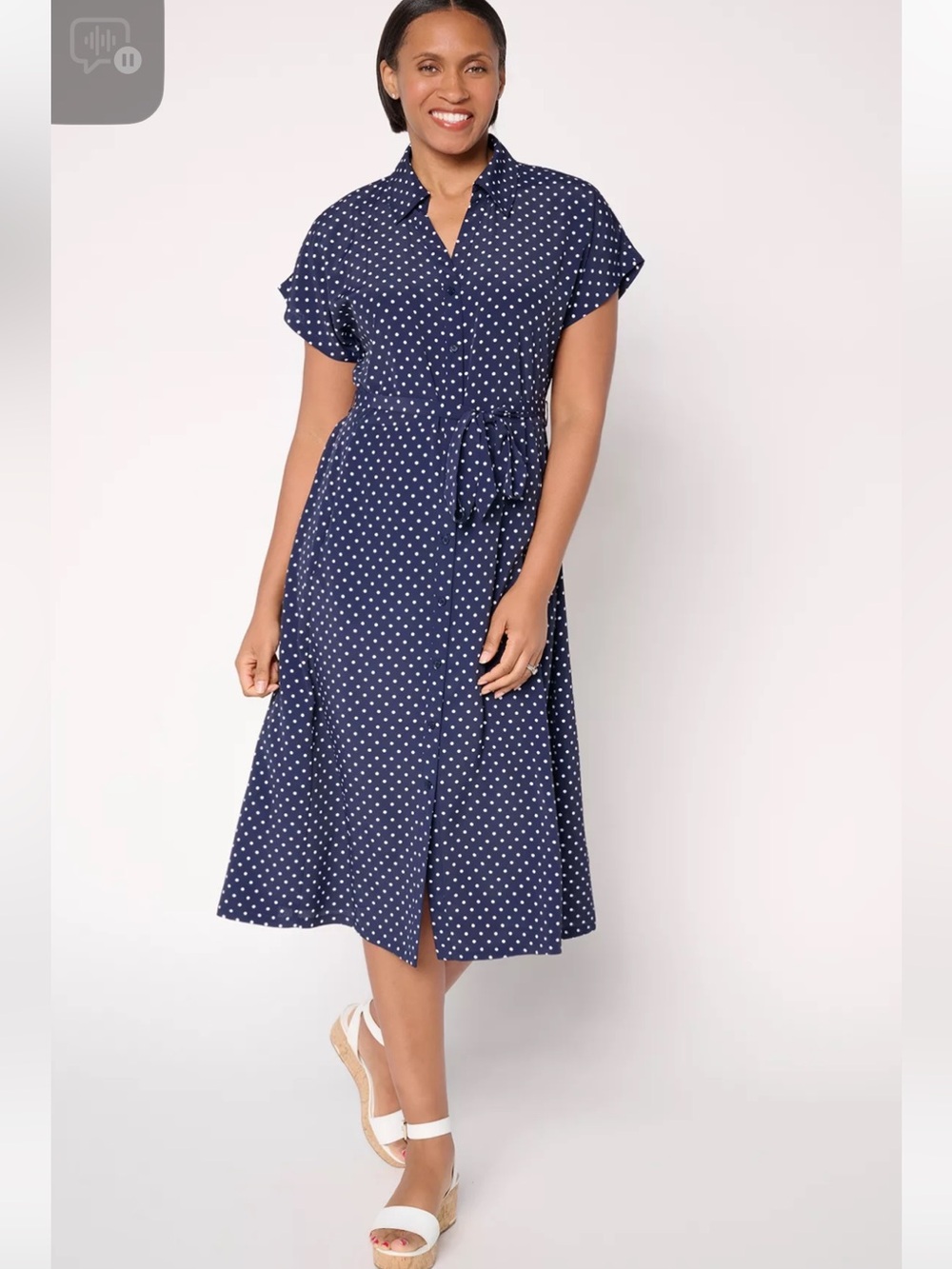 Dennis Basso Polka Dot Tie-Waist Shirt Dress - Navy NIB 2X